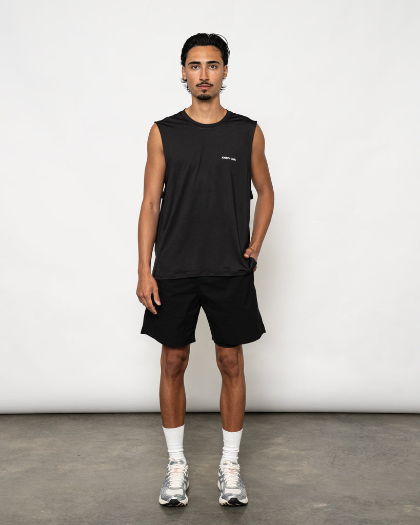 Men’s black muscle tank – JOSEPH CARL luxury sportswear with breathable stretch fabric