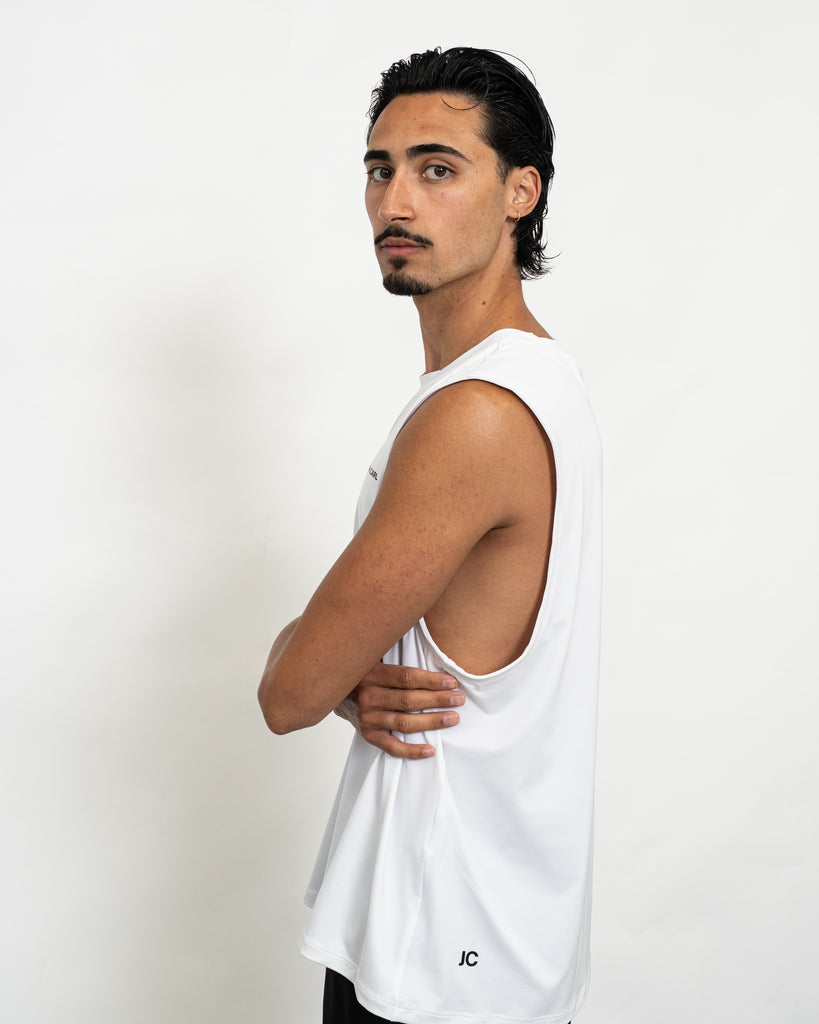 Men’s white muscle tank – JOSEPH CARL luxury sportswear with breathable stretch fabric