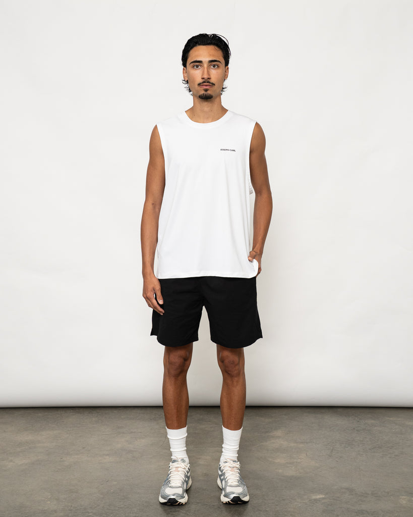 Men’s white muscle tank – JOSEPH CARL luxury sportswear with breathable stretch fabric