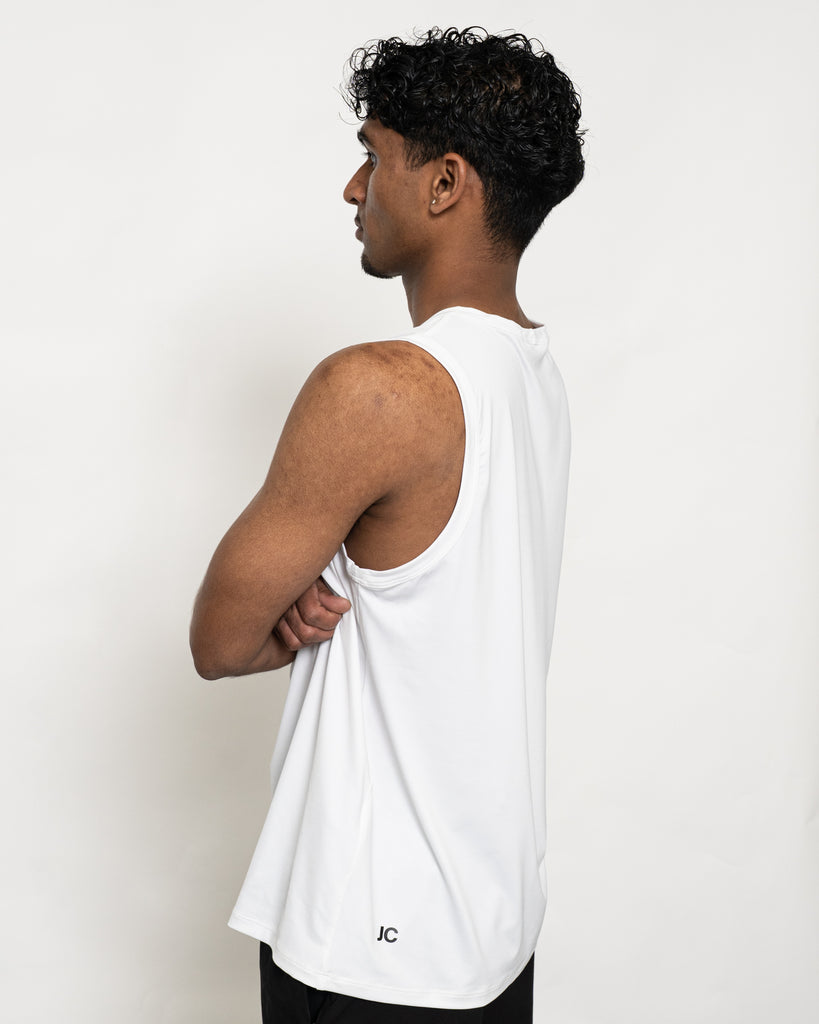 Men’s white training singlet – JOSEPH CARL luxury sportswear with breathable stretch fabric