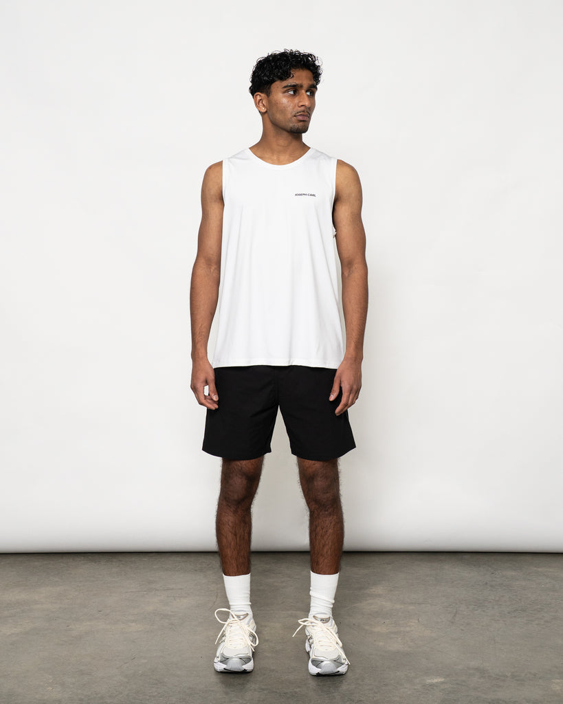Men’s white training singlet – JOSEPH CARL luxury sportswear with breathable stretch fabric